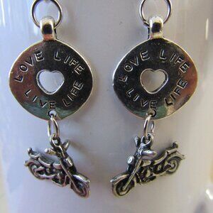 Motorcycle 3D Charm Love Life Live Life Round Charm Silverplate Biker Earrings